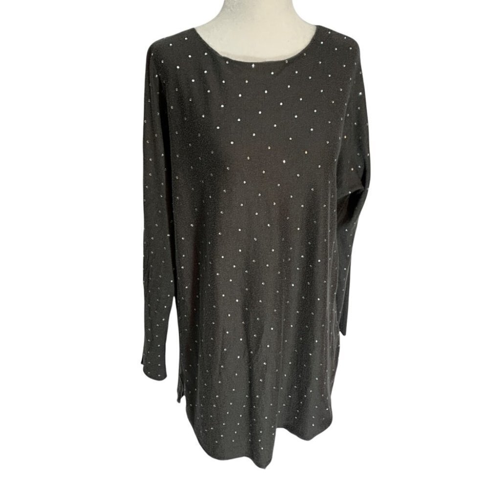 INC International Concepts Long Sleeve Sweater Diamantes on Front Grey S…